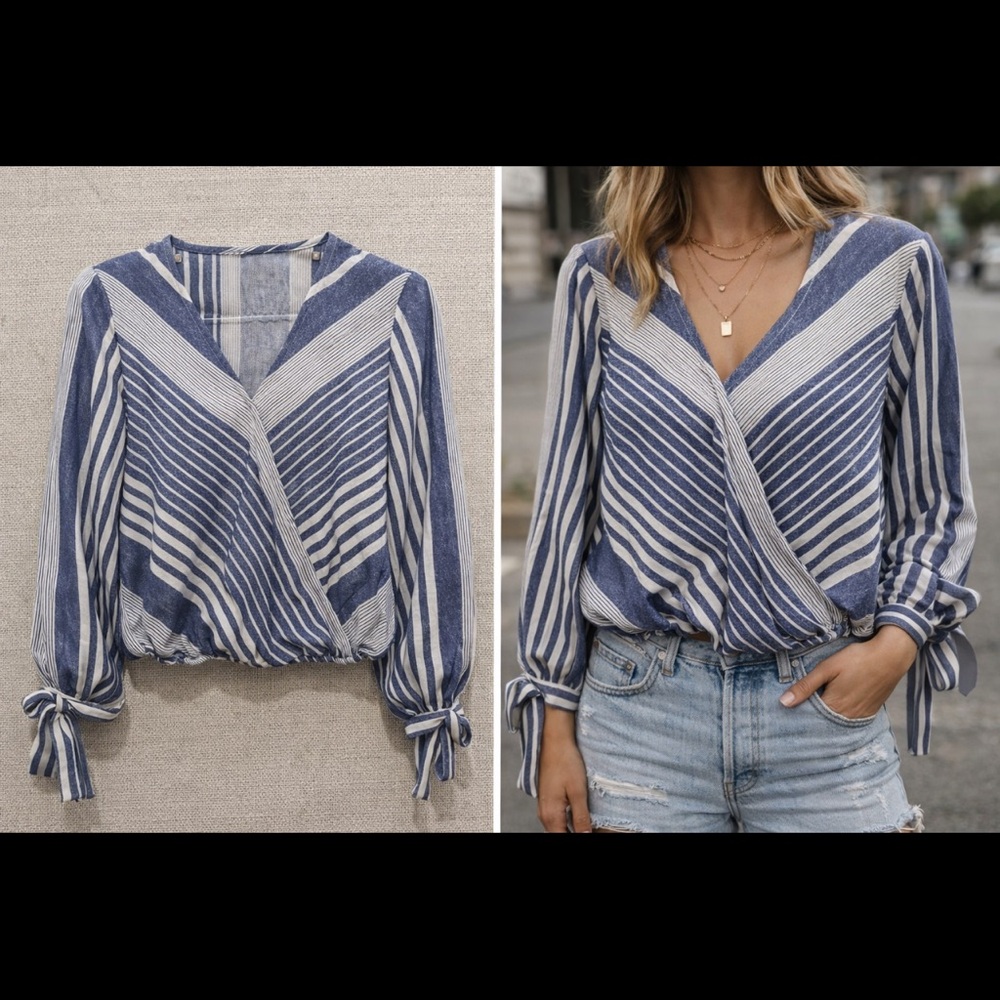 GB Blue White Striped Surplice Tie Sleeve Blouse M
